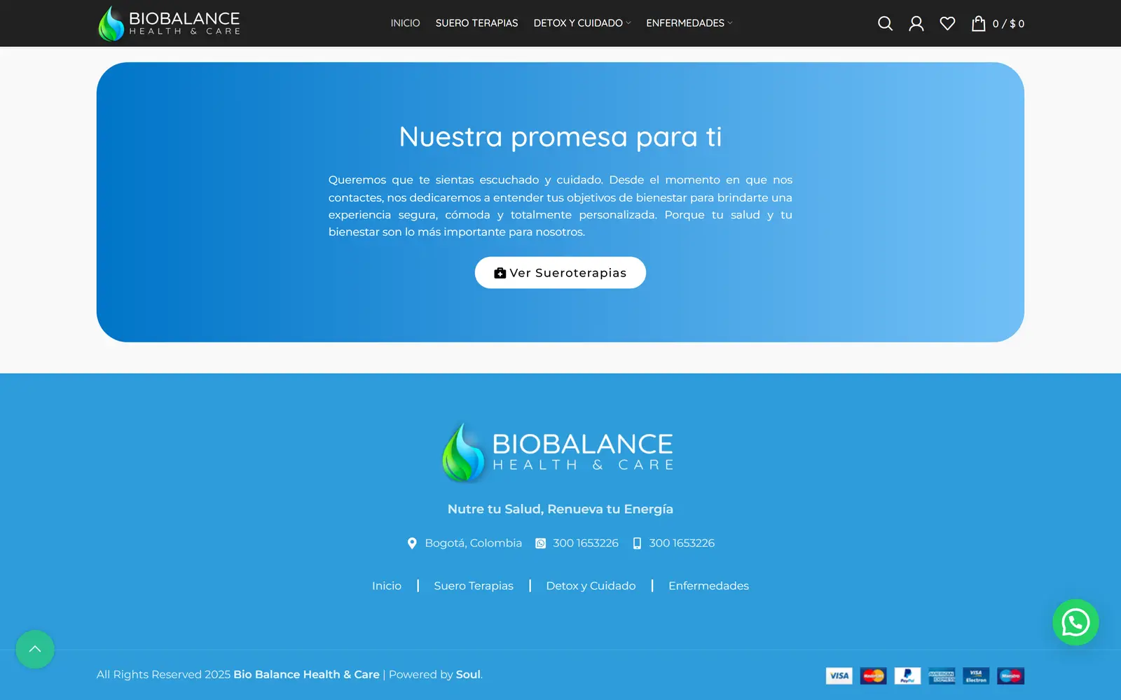 Sitio de BioBalance: bloque “Nuestra promesa para ti” y pie de página