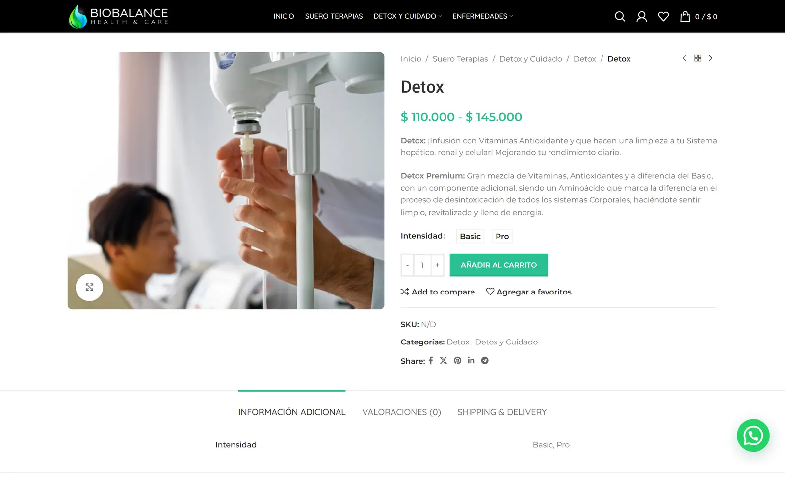 Sitio de BioBalance: ficha de producto con opciones de intensidad y botón de compra