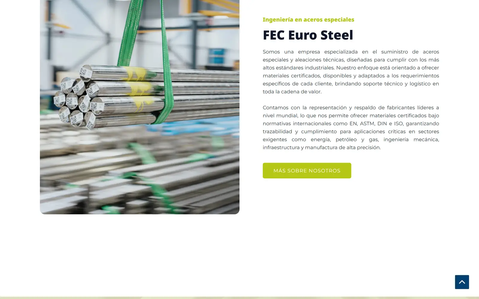 FEC Euro Steel site: company presentation next to a photo of steel bars
