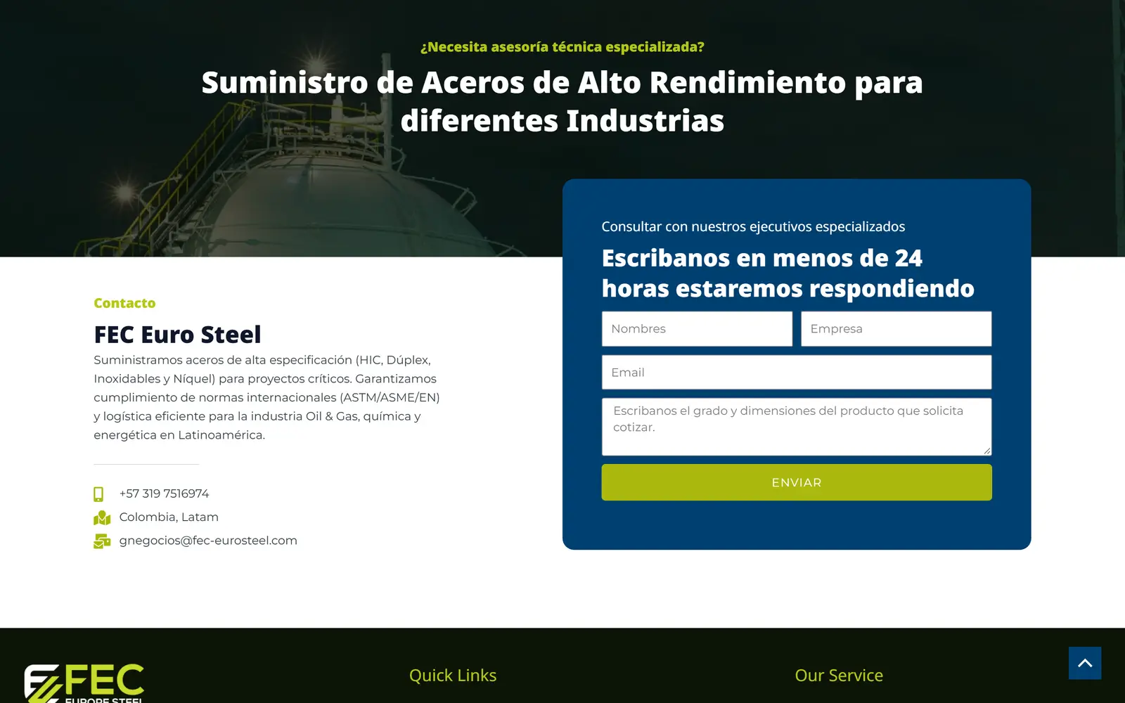 FEC Euro Steel site: supply headline and contact form
