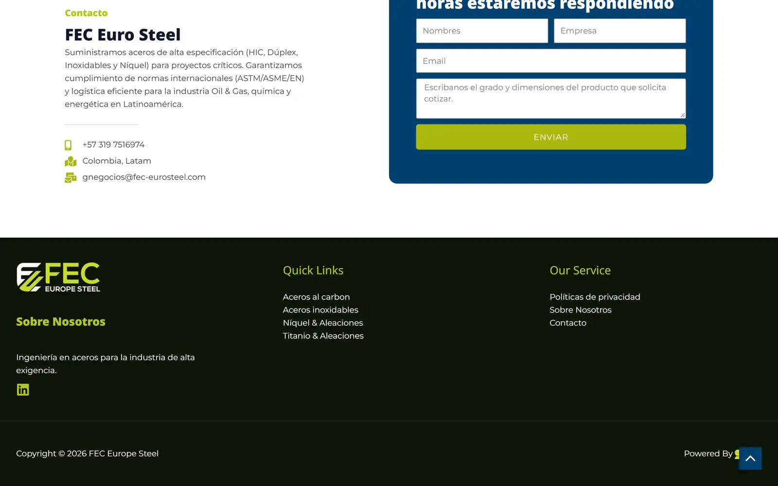 FEC Euro Steel site: form, contact details and footer