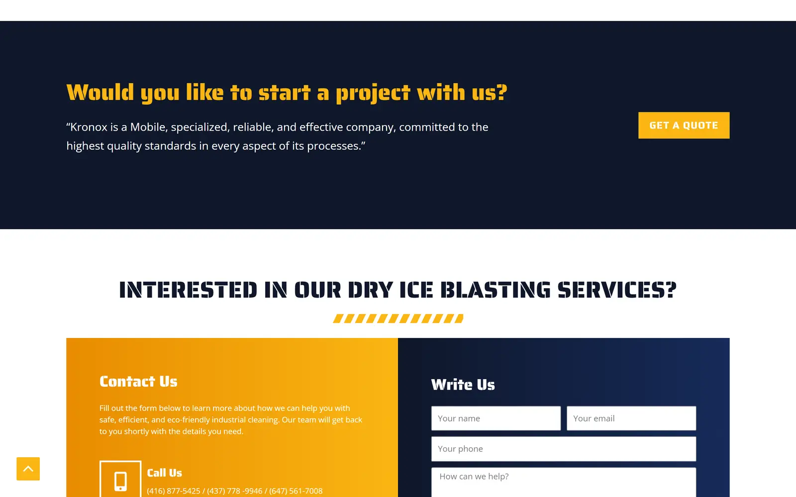 Sitio de Kronox Services: llamado “Would you like to start a project with us?” con botón para cotizar