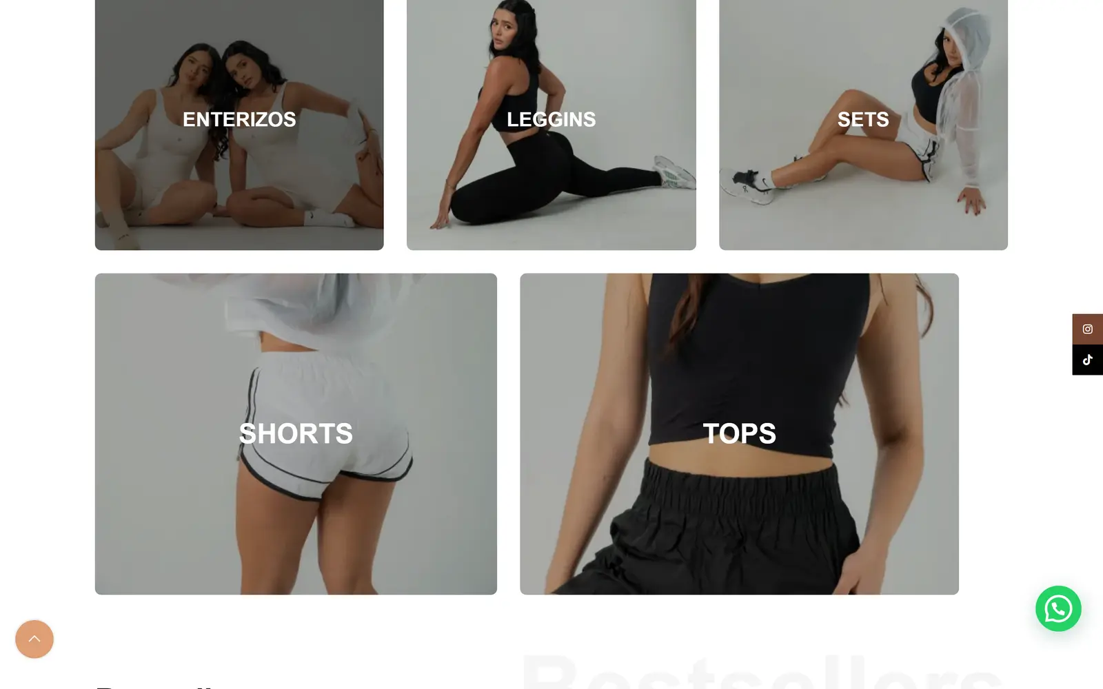 Nuvela Activewear site: categories of bodysuits, leggings, sets, shorts and tops