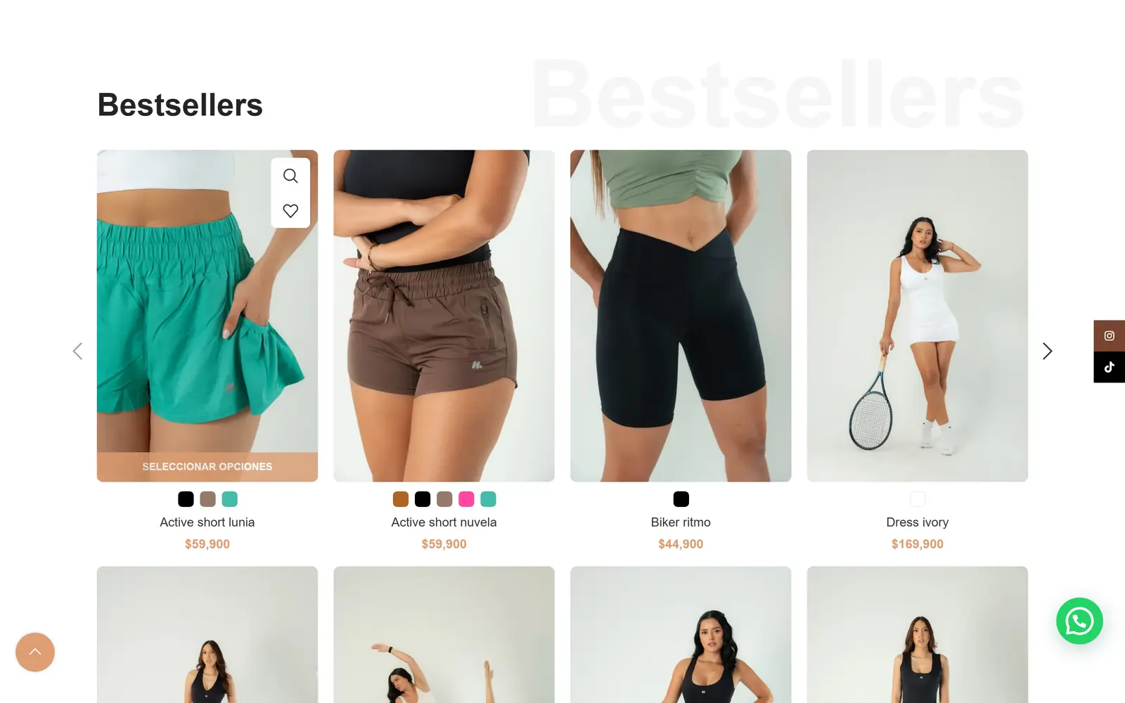 Nuvela Activewear site: best-sellers section with their colors