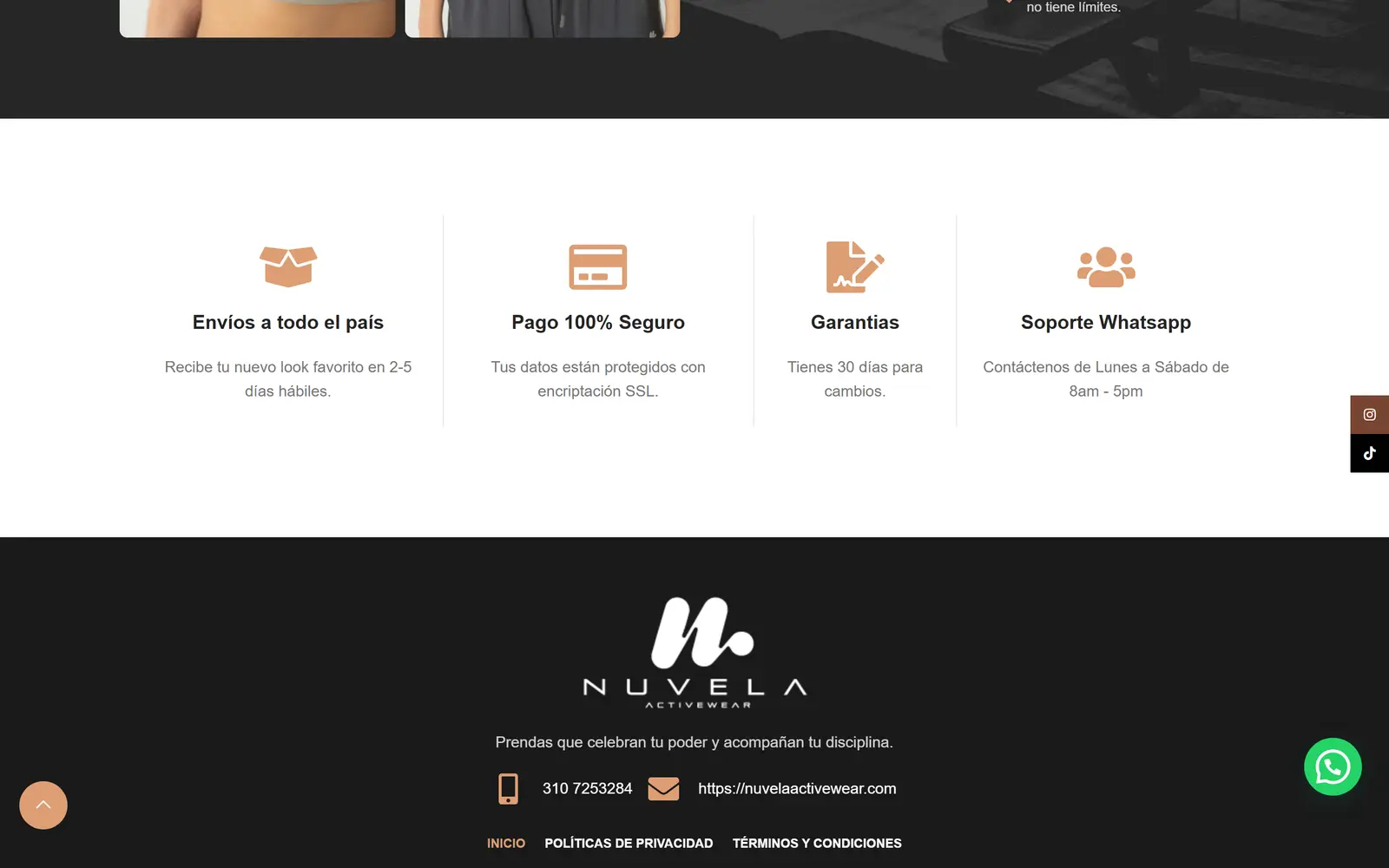 Nuvela Activewear site: shipping, secure payment, warranties and WhatsApp support