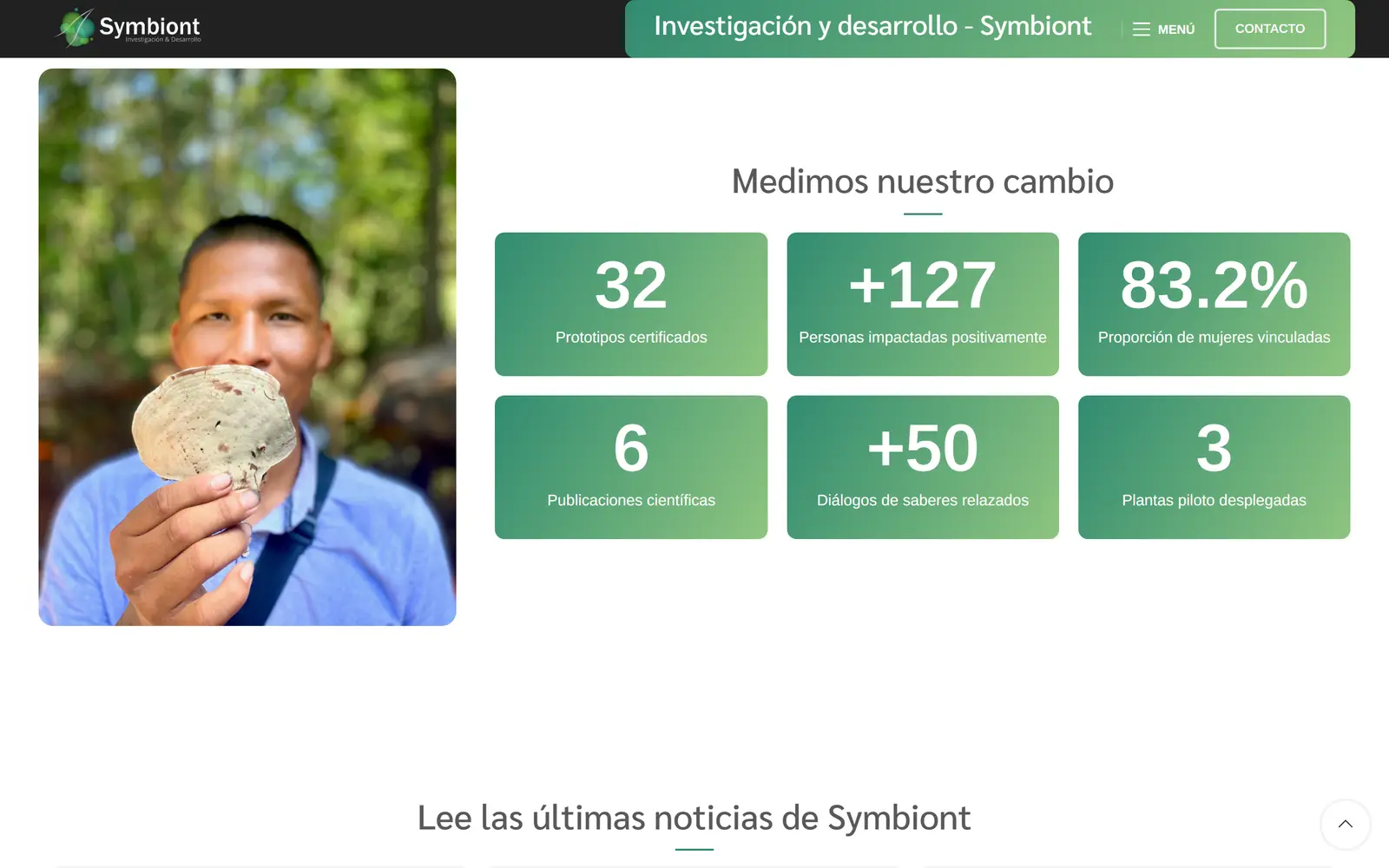 Sitio de Symbiont: bloque “Medimos nuestro cambio” con cifras de impacto