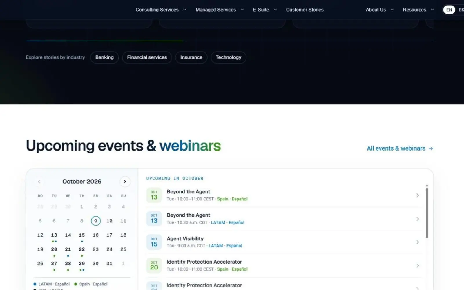 Sitio de Synergy Advisors: calendario de eventos y webinars