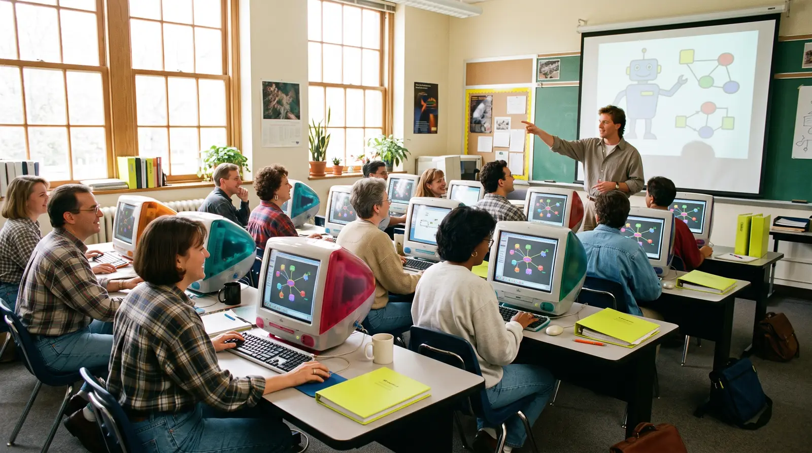 Clase de computadores de los años 90 con un instructor explicando una red de nodos.