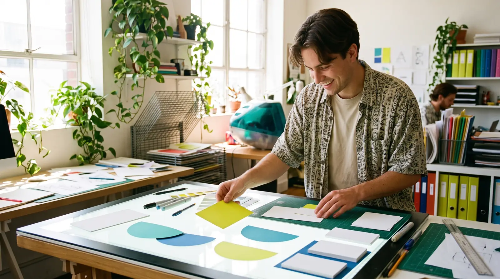 Smiling designer arranging color swatches and semicircle shapes on a light table.