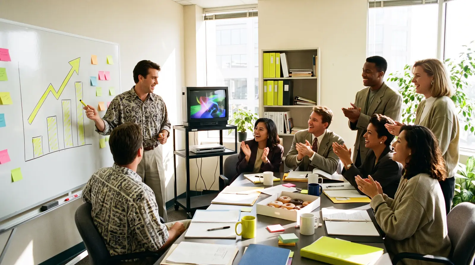 Team applauding in front of a whiteboard with a lime growth chart.