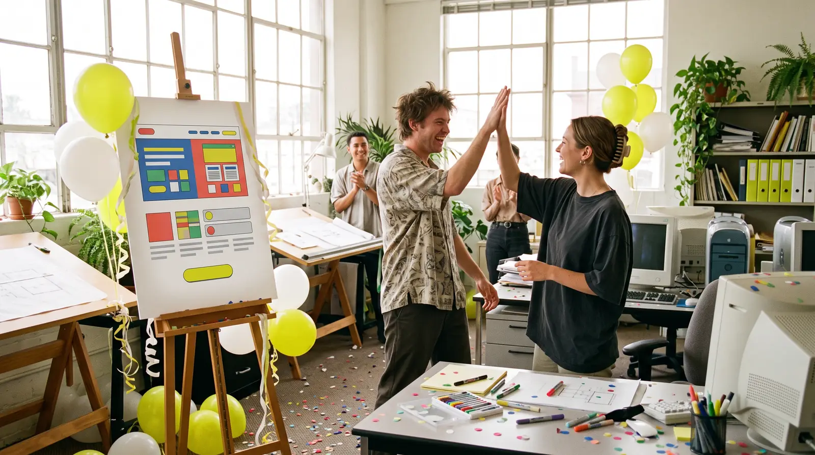 Two people high-five in front of a launch poster with lime balloons.