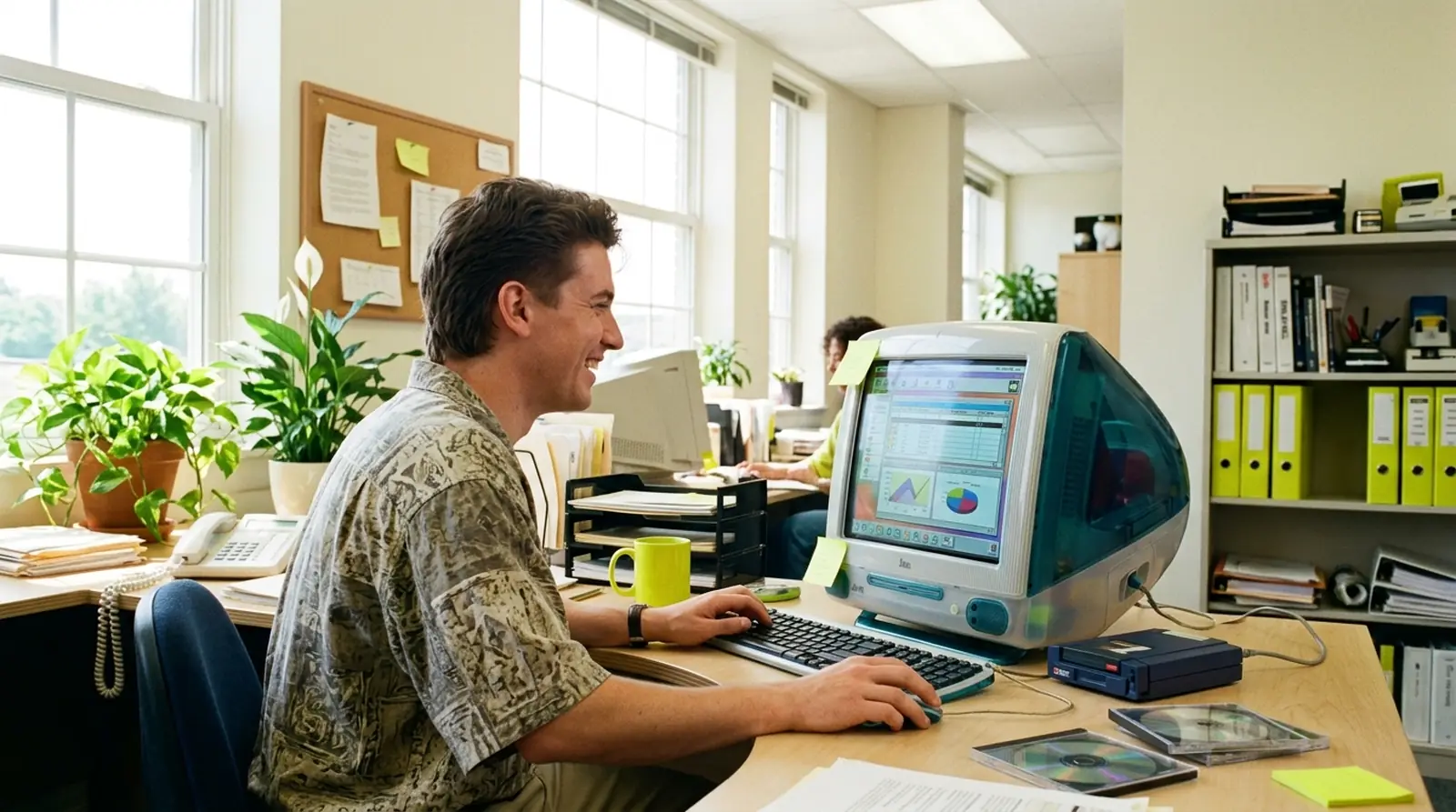 Smiling man working at a colorful 1990s computer in a sunny office.